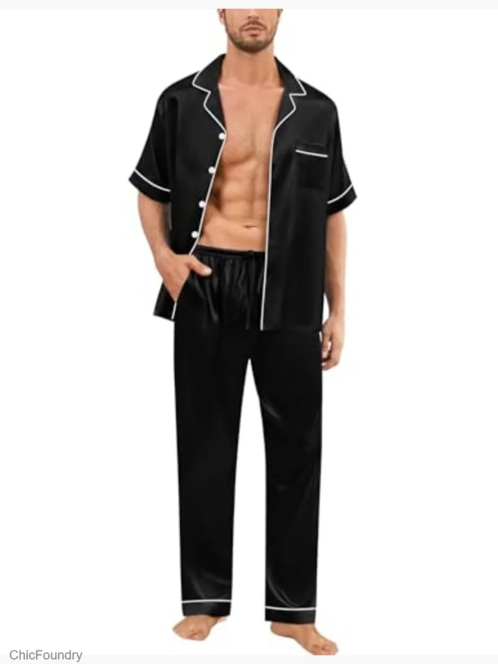 Men's Silk Pajama Set Short Sleeve Button Down Lounge Set with Pockets S-3XL